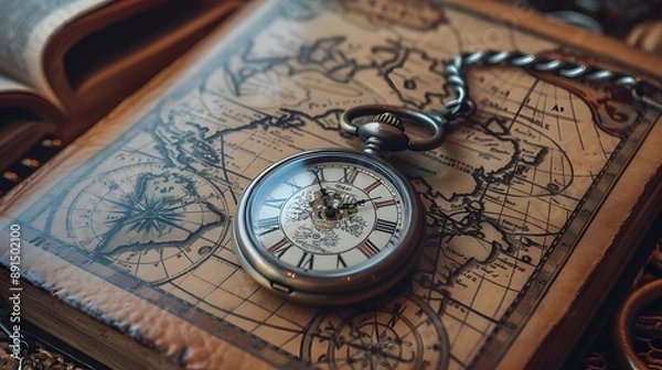 Fototapeta A pocket watch and book on an old map, symbolizing time travel or adventure in the style of vintage-inspired imagery.