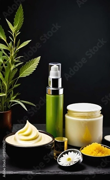 Obraz Elegant look herbal cream, shampoo and cosmatics items on a table in a dark background. This image is ai generated