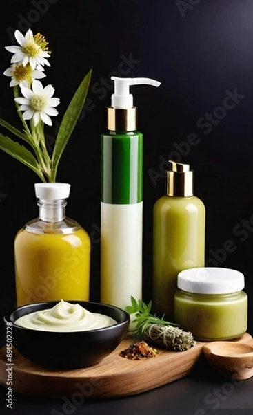 Obraz Elegant look herbal cream, shampoo and cosmatics items on a table in a dark background. This image is ai generated
