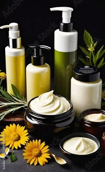 Fototapeta Elegant look herbal cream, shampoo and cosmatics items on a table in a dark background. This image is ai generated