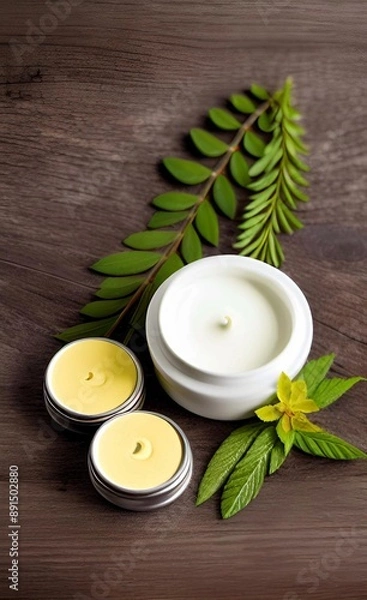 Obraz Elegant look herbal cream, shampoo and cosmatics items on a table in a dark background. This image is ai generated