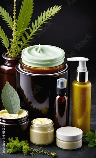 Obraz Elegant look herbal cream, shampoo and cosmatics items on a table in a dark background. This image is ai generated