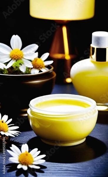 Obraz Elegant look herbal cream, shampoo and cosmatics items on a table in a dark background. This image is ai generated