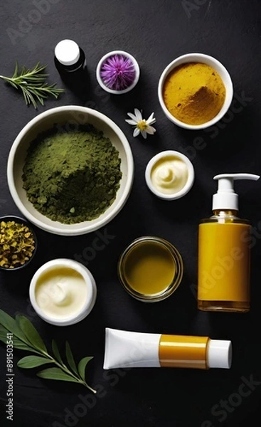 Obraz Elegant look herbal cream, shampoo and cosmatics items on a table in a dark background. This image is ai generated