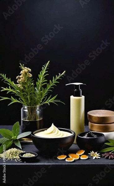 Obraz Elegant look herbal cream, shampoo and cosmatics items on a table in a dark background. This image is ai generated