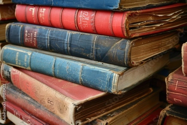 Fototapeta A stack of old books with the top one being red and blue