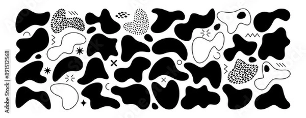 Obraz Vector liquid shadows random shapes. Black blobs, round abstract organic shape collection. Pebble, drops and stone silhouettes. Vector illustration