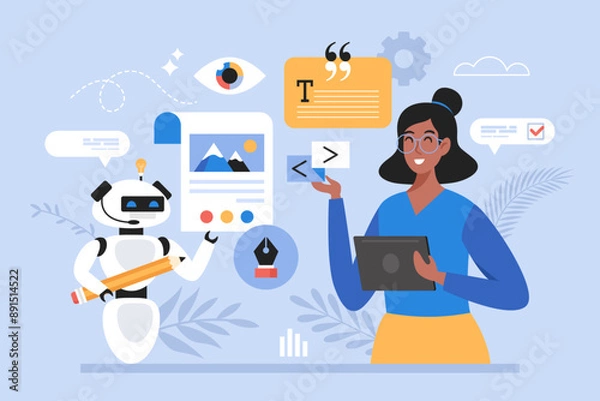 Fototapeta Artificial intelligence business concept. Modern vector illustration of people using prompt engineering work AI technology