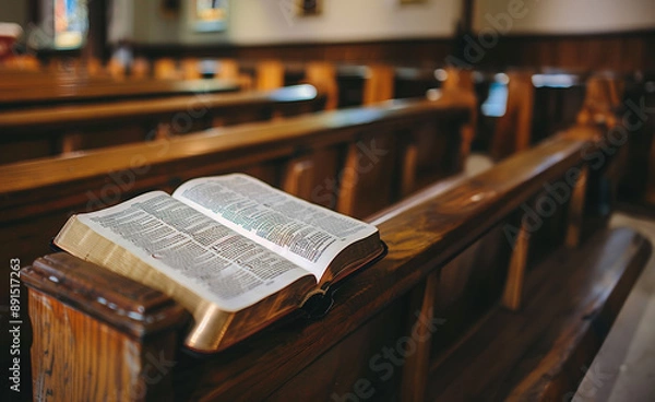 Fototapeta Bible on a wooden church pew in an empty church 