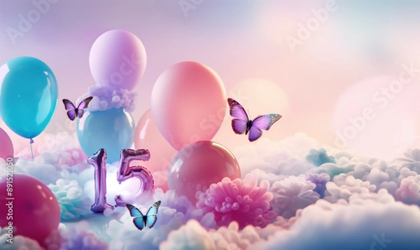 Fototapeta number 15 metallic balloons surrounded by fluffy multicolour clouds, balloons and butterflies, birthday concept, copy space