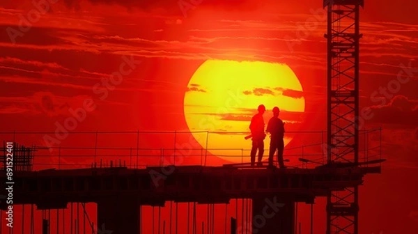 Fototapeta two foreman construction look crane with sunset view