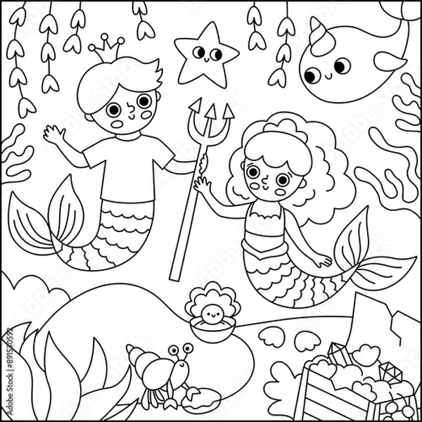 Fototapeta Vector black and white landscape illustration with mermaid and boy with trident, crown. Ocean or sea kingdom line scene with marine princess, prince, treasure chest. Square fairytale coloring page