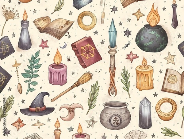 Fototapeta vintage witchcraft elements pattern illustration