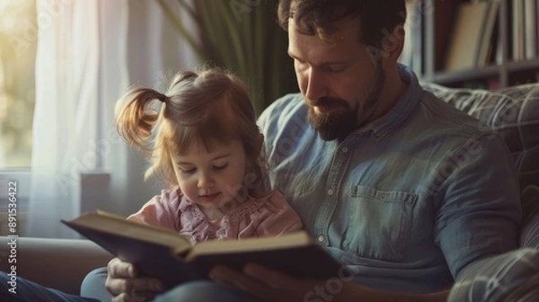 Fototapeta Father and Daughter Reading Book Together at Home, Close-up Portrait