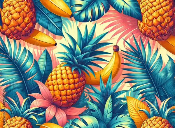 Fototapeta 바나나와 파인애플 패턴(Banana and pineapple pattern), 여름 과일 패턴("Summer fruit pattern)