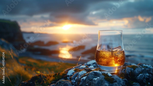 Fototapeta A glass of whiskey is sitting on a rock by the ocean