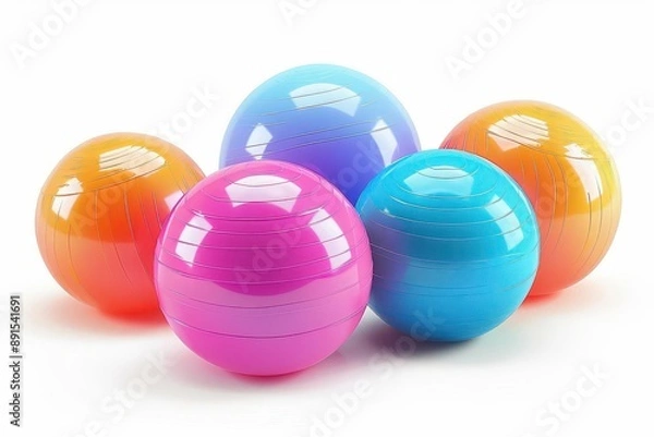 Fototapeta Colorful plastic balls arranged in a cluster, isolated on white background. Vibrant colors create a playful and energetic appeal for any project.