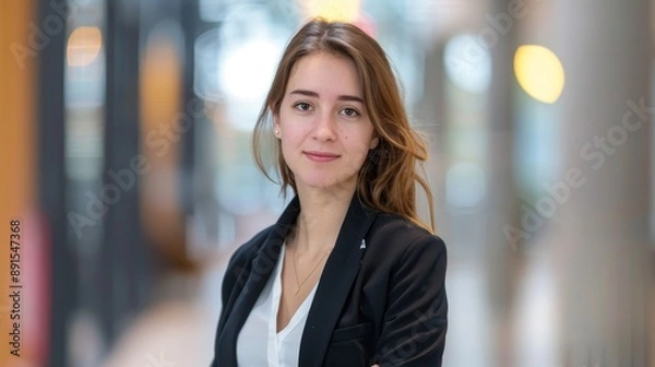 Fototapeta Portrait of a Young Businesswoman in a Black Blazer with Bokeh Lights in Background
