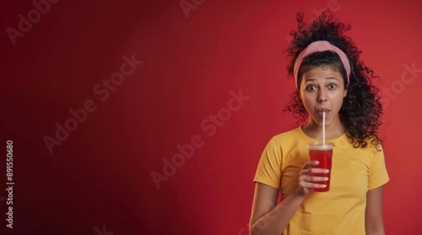 Obraz An Indian woman with curly hair in a headband drinking soda with a straw on a red background, enjoying a fizzy drink, refreshing beverage, casual moment