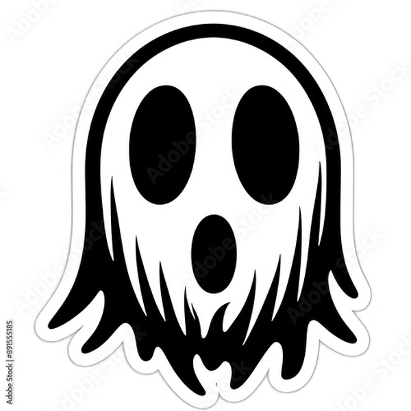 Fototapeta Ghostly face with hollow eyes. Halloween sticker with white border isolated on white background. Horror and monster stickers concept