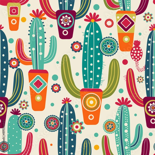 Fototapeta blue and cyan cacti in bright pots on a white background. seamless pattern