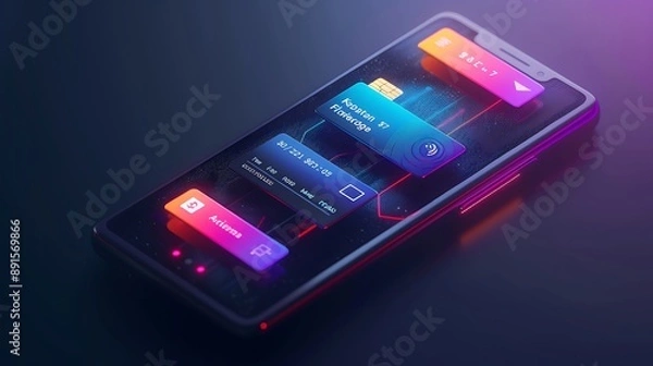 Fototapeta Ultra modern digital wallet interface on a sleek smartphone screen showcasing credit cards cryptocurrencies and QR codes with vibrant colors and smooth animations