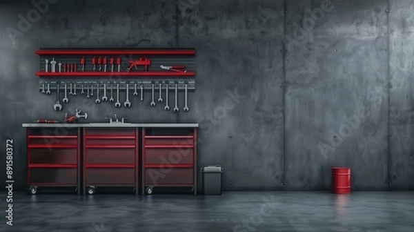 Fototapeta Modern industrial workshop with red tool cabinets and a variety of hand tools against a concrete wall for versatile use and storage solutions.