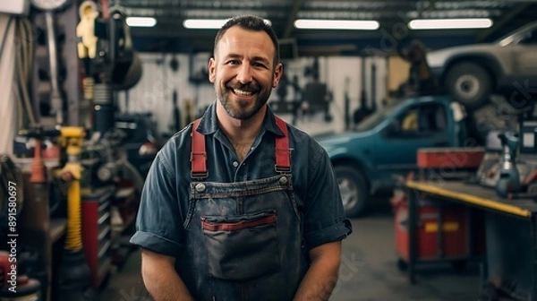Fototapeta A skilled mechanic in work overalls smiles proudly at the camera with a garage full of vehicles and tools in the background reflecting his expertise and enthusiasm for mechanical work