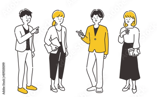 Obraz 立ってミーティング・会話をするビジネスパーソン（男女）の全身イラスト素材