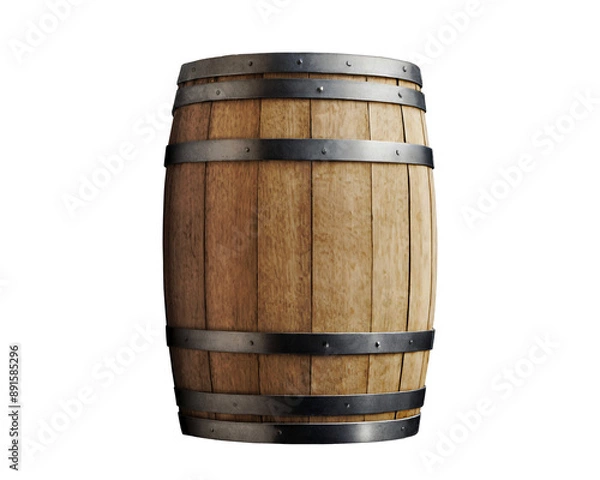 Fototapeta Vintage wooden barrel with metal hoops isolated on an empty background