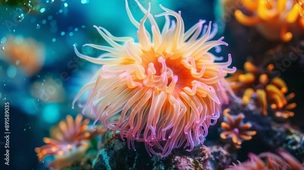 Fototapeta Vibrant Sea Anemone with Delicate Tentacles and Soft Pink Hues Against a Blue Background, Captivating Underwater Scene