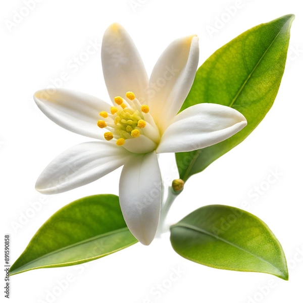 Fototapeta Bright juicy orange with flower isolated on a transparent background. Orange blossom, blooming. For the design of menus, shops, fruit juices and food products, cosmetics