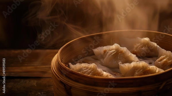 Fototapeta A close-up photograph of steamed dumplings in a bamboo steamer, translucent wrappers revealing a bit of the filling, garnished with minced ingredients