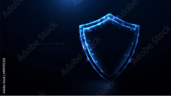 Obraz A shield icon a blue security technology icon. Shield protection icon. Data network security. Glowing wireframe, linear, line and mesh illustration vector