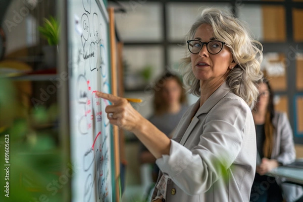 Fototapeta Female business leader pointing at a whiteboard while discussing with her team during a brainstorming session in the office. Photo. professor, teacher, older