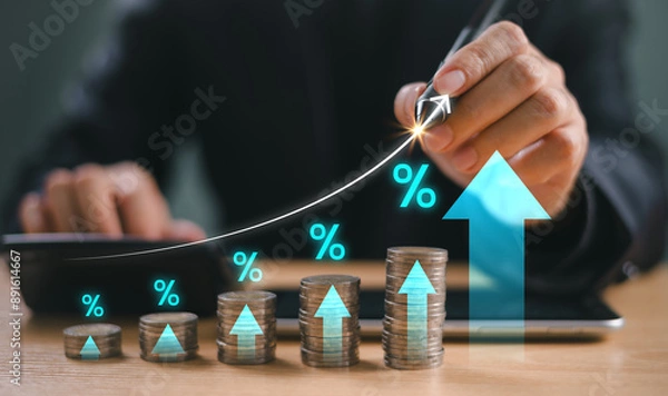 Obraz Money interest rate increase concept, percentage commission credit. Grow up stock risk management. Bank policy price raise. Businessman with coin, calculate high percentage of company profit dividend