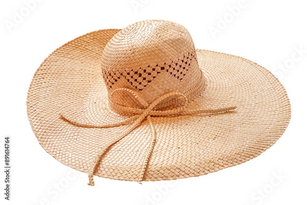 Fototapeta brown floppy lady straw hat with raffia straw ribbon isolated in png format