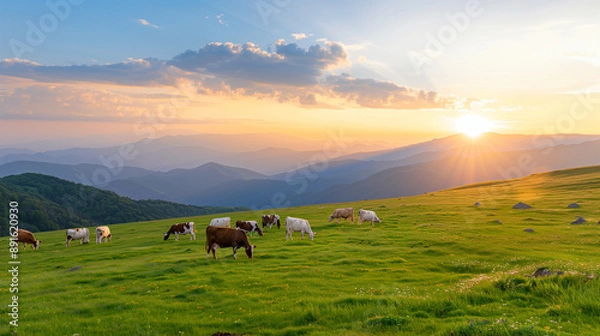 Obraz Cows grazing on hill at sunset