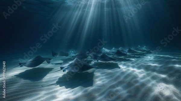 Fototapeta Graceful Formation of Rays Gliding Through Water