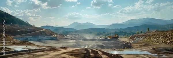 Fototapeta Construction Site with Yellow Dump Truck in Front of Mountain Range - Photo