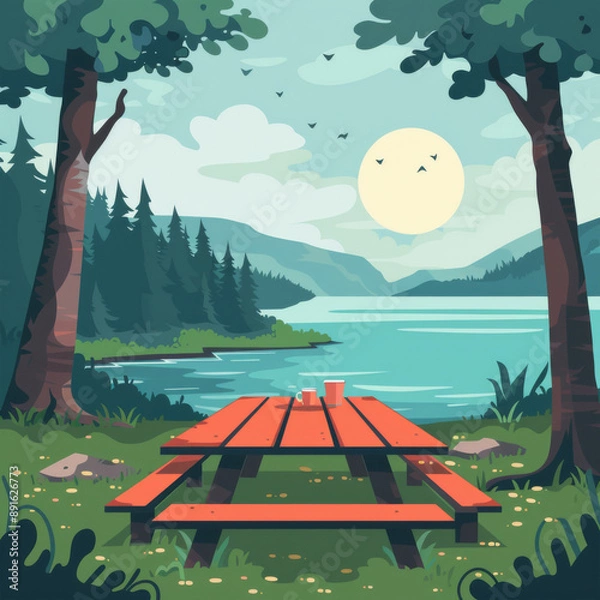 Fototapeta Illustration of a tranquil forest picnic spot by a lake under a full moon, with a wooden table and serene scenery.