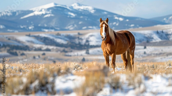 Fototapeta Portrait of horse standing in field by mountain during winter