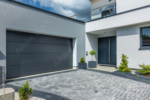 Obraz Minimalistic, gray and white house exterior with a dark garage door and neat entrance, surrounded by manicured plants.