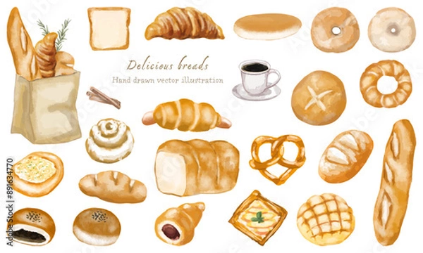 Fototapeta 水彩でラフタッチに描いたいろんなパンのイラスト素材セット