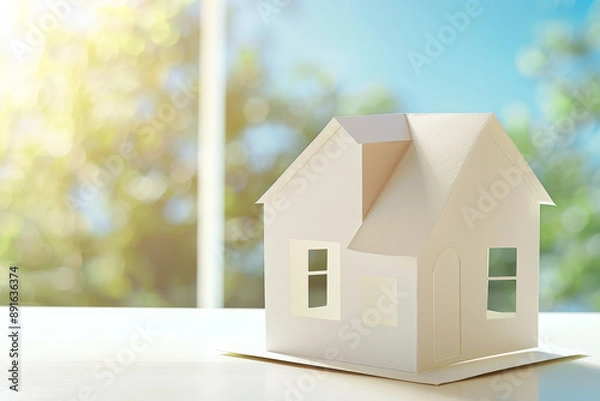 Fototapeta A paper model house bathed in soft sunlight, set against a blurred, lush green background, symbolizing dreams of home and simplicity in natural surroundings.