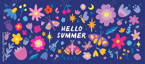 Fototapeta Hello summer vector hand drawn wild flower background with moth. Naive optimism trendy style . Dopamine design. Fields flower set
