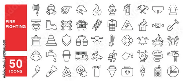 Fototapeta Set of 50 line icons related to fire fighting, precautions, emergency, fireman, hose hydrant, burn, rescue, Editable stroke. Vector illustration