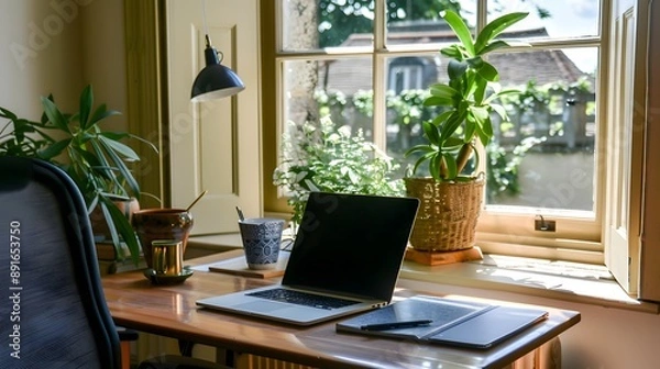 Fototapeta Home Office Workspace with Laptop and Window View