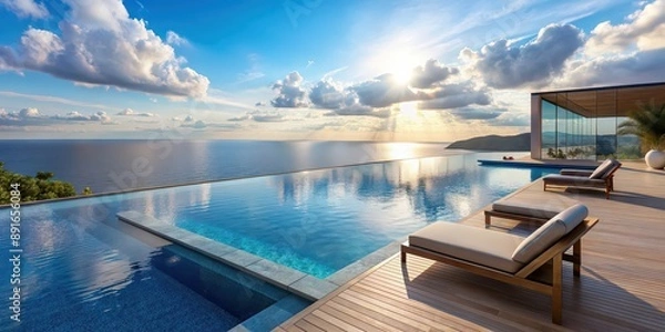 Fototapeta Luxurious infinity pool area overlooking the serene sea view, infinity pool, luxury, relaxation, vacation, travel, tropical