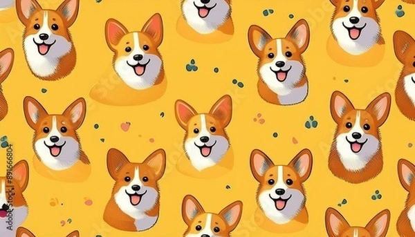 Fototapeta Corgi dog pattern with playful and cheerful corgi faces on a yellow background. Seamless tile design ideal for kids products, textiles, and wallpapers. Features happy corgi expressions.
